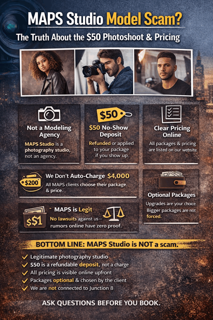 MAPS Studio not a scam infographic with $50 refundable deposit policy, clear online pricing, and optional packages.